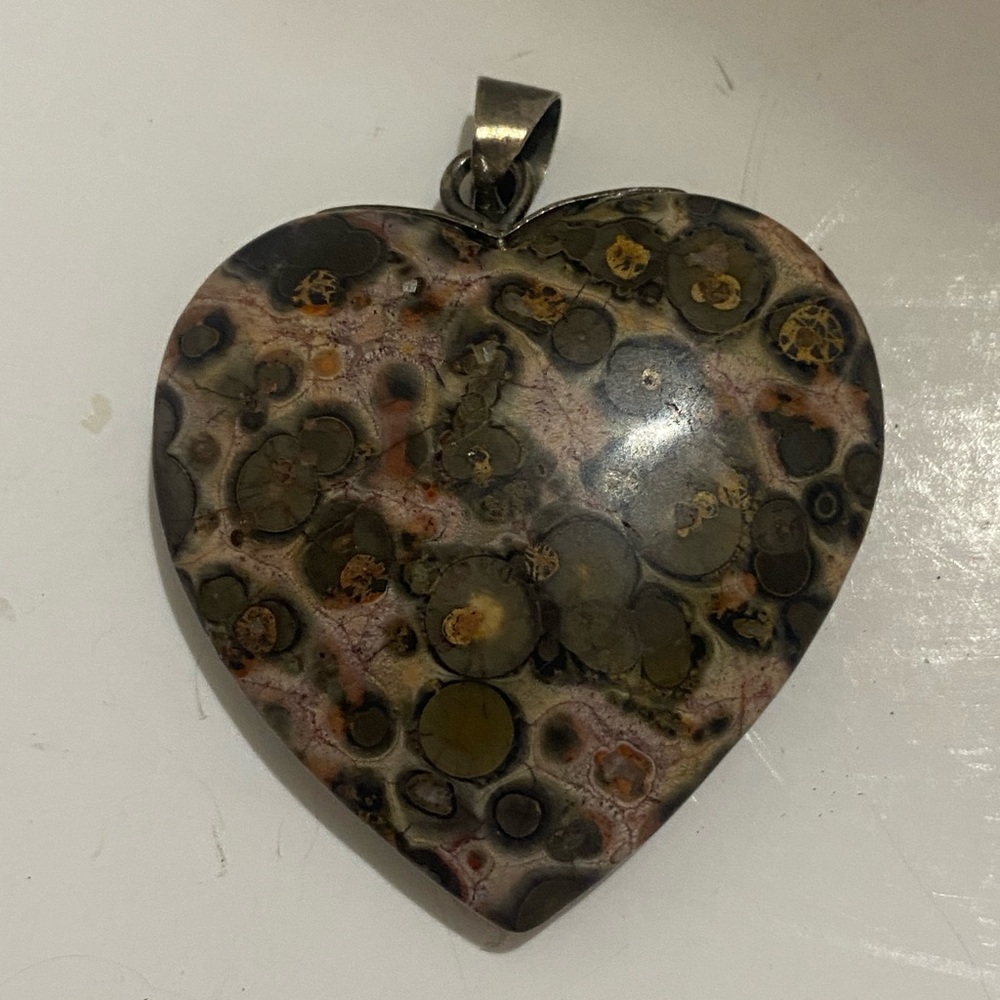 Heart Leopard Jasper Pendant Necklace - Olive Green, Pink,and Brown